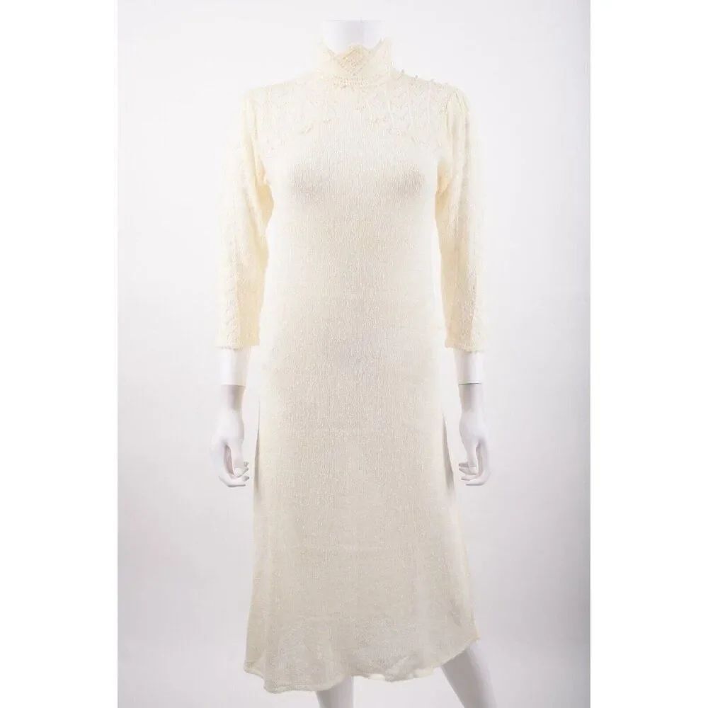 Vintage Dressworks by Alberoy Womans Dress Size M Ivory Knit Crochet Sleeves